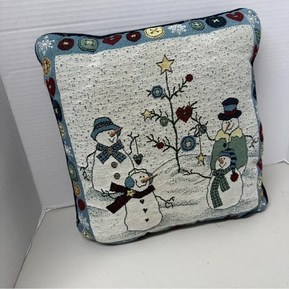 Vintage Needlepoint Snowman Christmas Holiday Pillow Accent Blue White 90s